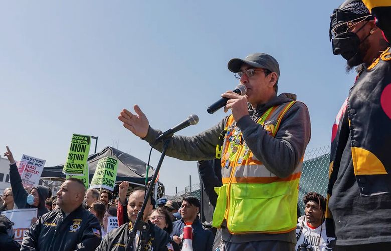 An Amazon Labor Union rally in Staten Island in April. (Photo by Calla Kessler for The Washington Post)