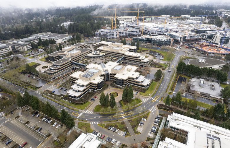 Microsoft’s east campus in Redmond on Feb. 14. With the pandemic winding down, Microsoft wants employees to be in the office at least 50% of the time, but concedes that it make take until early next year to see whether that goal has been met. (Amanda Snyder / The Seattle Times)