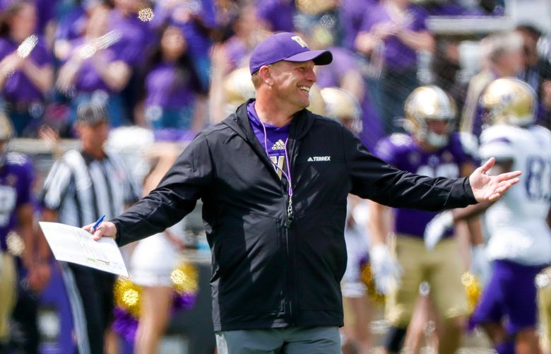 Husky Stadium – University of Washington football Spring Preview game – 043022

Washington Huskies head coach Kalen DeBoer gestures at the sidelines as he walks back up the field after a score during the UW football Spring Preview game Saturday, April 30, in Seattle, Wash. 220271