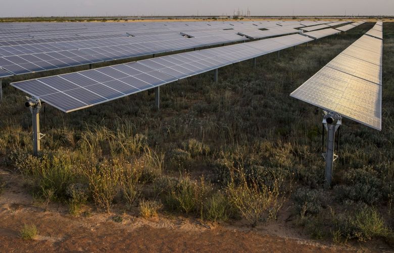 The Duke Energy solar panel project in Andrews County, Texas, US, on Wednesday, Sept. 29, 2021. America’s oil communities have deep financial ties to the fossil fuel industry. Now even in the midst of a price boom, local governments have to start deciding when to tackle plans for the looming clean energy transition. Photographer: Matthew Busch/Bloomberg