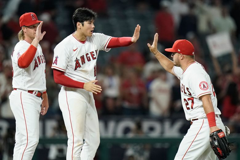 Los Angeles Angels left fielder Taylor Ward celebrates with Los