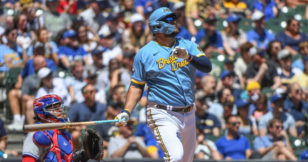 Rowdy Tellez of the Milwaukee Brewers reacts after a two run home