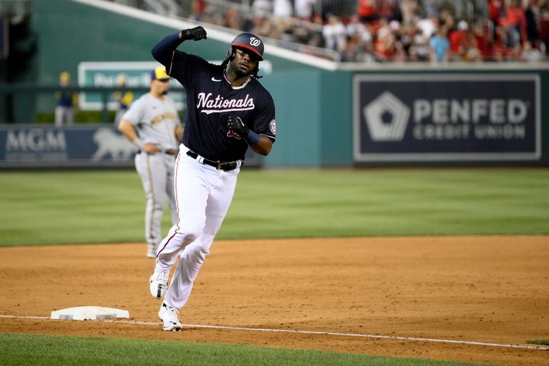 Keibert Ruiz of the Washington Nationals celebrates a home run