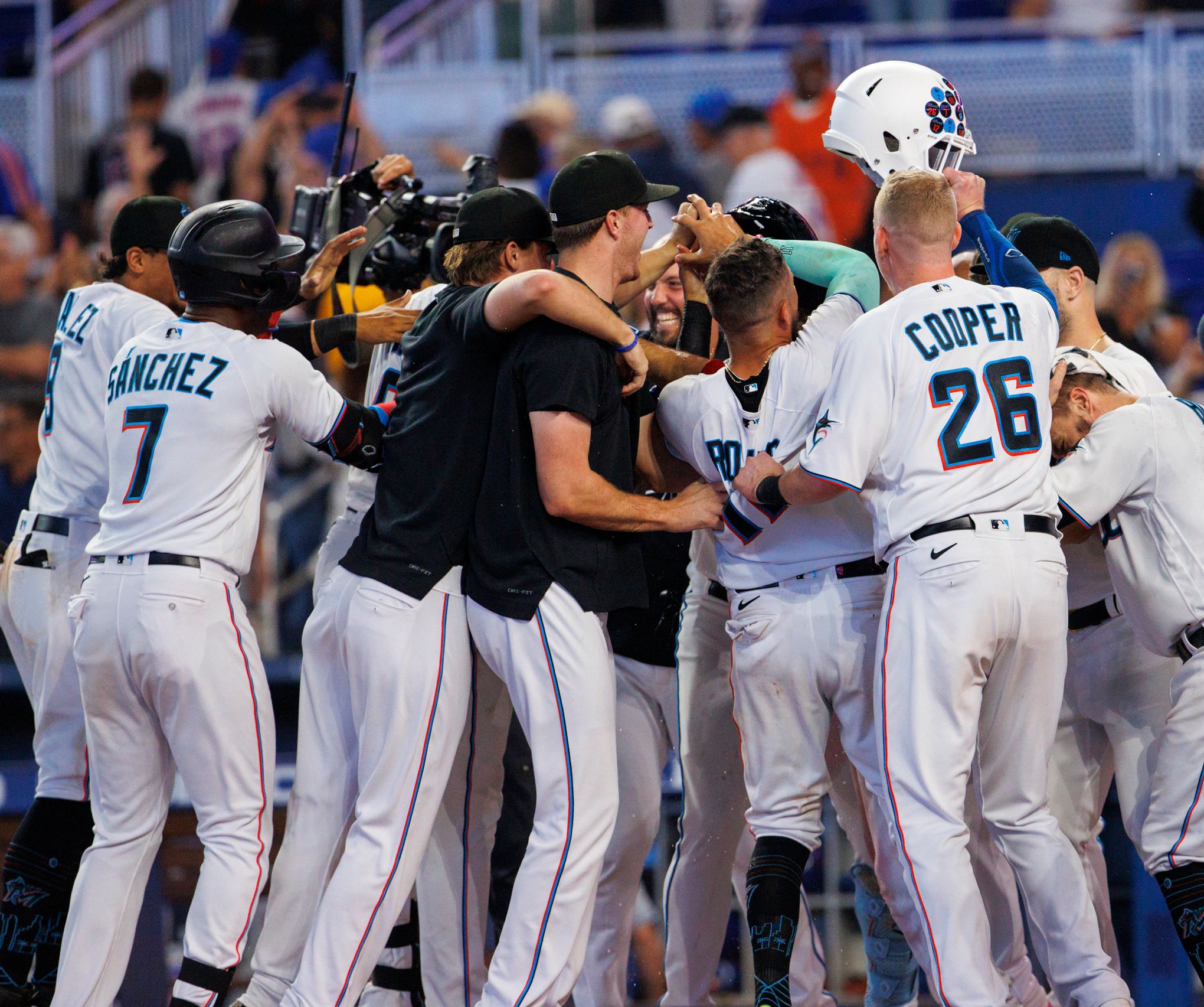 Miami Marlins' Garrett Cooper bats during a spring training