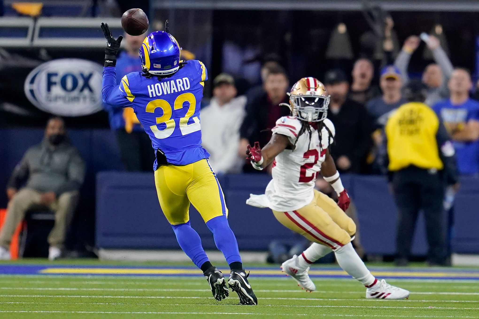 Linebacker Jake Hummel of the Los Angeles Rams intercepts a pass