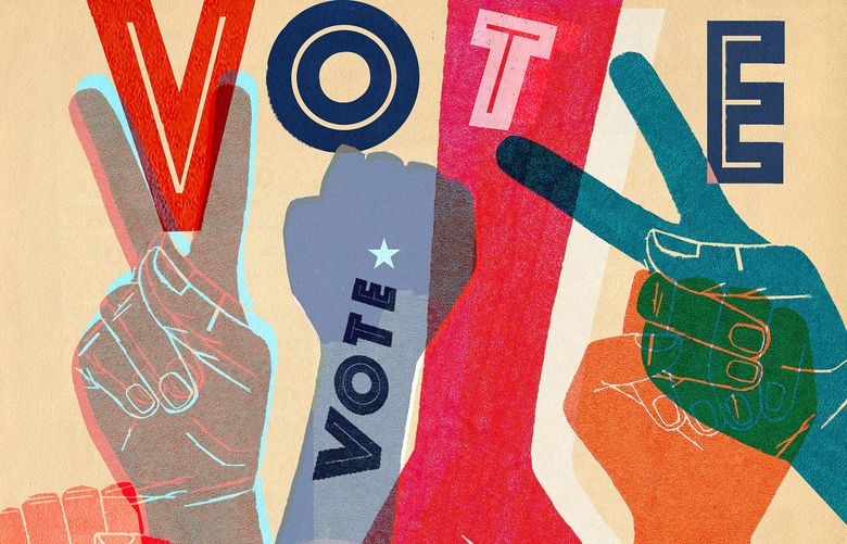 This artwork by Donna Grethen refers to reminding voters to vote in the upcoming election.
