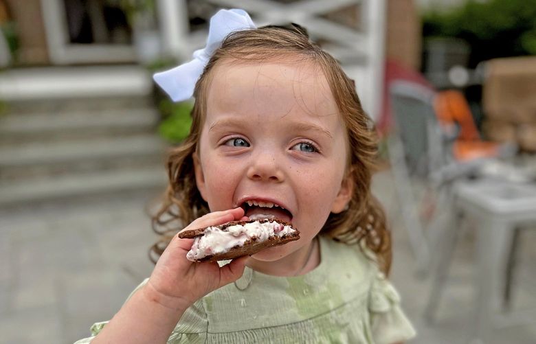Greta McKay, 2, enjoys a homemade ice cream sandwich filled with no-churn strawberry ice cream. (Gretchen McKay/Pittsburgh Post-Gazette/TNS) 51636478W 51636478W