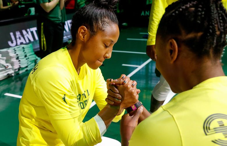 Climate Pledge Arena – Seattle Storm vs. New York Liberty – 052922

Seattle Storm guard Briann January, left, grasps the hand of guard Jewell Loyd as they are introduced to the crowd Sunday, May 29, 2022, in Seattle, Wash. 220511
