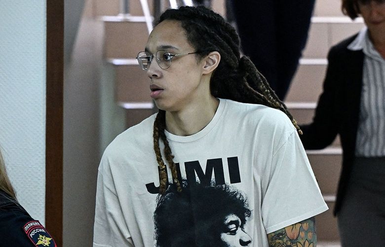 U.S. WNBA basketball star Brittney Griner arrives to a hearing at the Khimki Court, outside Moscow on July 1, 2022. Griner, a two-time Olympic gold medalist, was detained at Moscow airport in February on charges of carrying in her luggage vape cartridges with cannabis oil, which could carry a 10-year prison sentence. (Kirill Kudryavtsev/AFP via Getty Images/TNS) 52375471W 52375471W