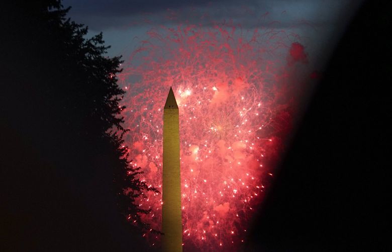 Fireworks burst on the National Mall above the Lincoln Memorial, Washington Monument and the U.S. Capitol building during Independence Day celebrations in Washington, Monday, July 4, 2022. (AP Photo/Mariam Zuhaib) DCMZ303 DCMZ303