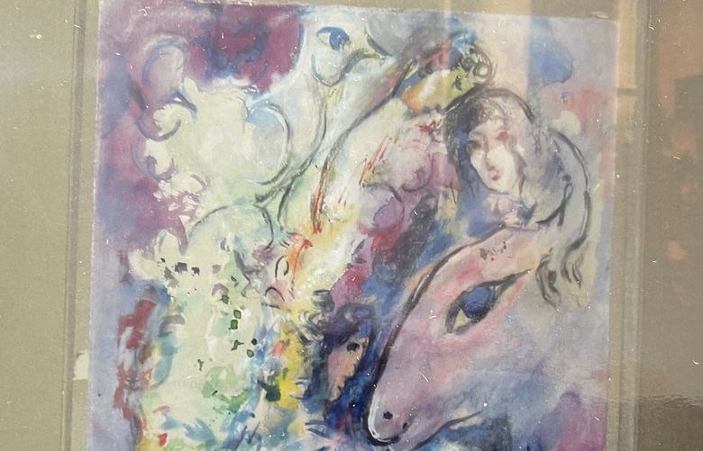 In an undated handout image, “Le couple au bouquet de fleurs,” a signed watercolor and gouache on paper that was sold at auction by Sotheby’s in 1994 as a work by Marc Chagall. An expert panel in France now wants to destroy it as a fake. (Handout via The New York Times) — NO SALES; FOR EDITORIAL USE ONLY WITH  CHAGALL STANDOFF by MOYNIHAN of JULY 6, 2022. ALL OTHER USE PROHIBITED. — XNYT42 XNYT42