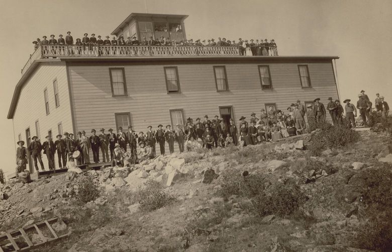 At the grand opening of Davis’s hotel, on July 4th, 1888, guests lined the ground level porch and the roof’s viewing platform. From Steptoe Butte, the highest point in the Palouse, guests were treated to vistas of rolling hills and farmland. (Who do we credit for this photo?)