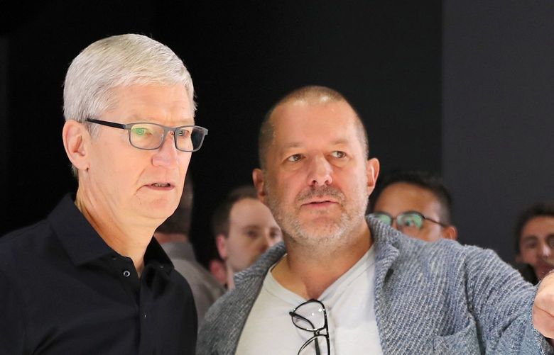 Apple CEO Tim Cook, left and, Jony Ive, right, during a product event at the company’s Worldwide Developer Conference in San Jose, Calif., June 3, 2019. Three years after promising to work “long into the future” with the man behind its candy-colored computers, Apple ends its consulting agreement with Jony Ive. (Jim Wilson / The New York Times) 