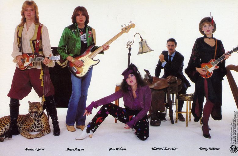 This portrait of Heart promoted the band’s 1980 release, “Greatest Hits/Live.” The photo features, from left, Howard Leese, Steve Fossen, Ann Wilson. Mike Derosier and Nancy Wilson. (Courtesy Warner Bros.)