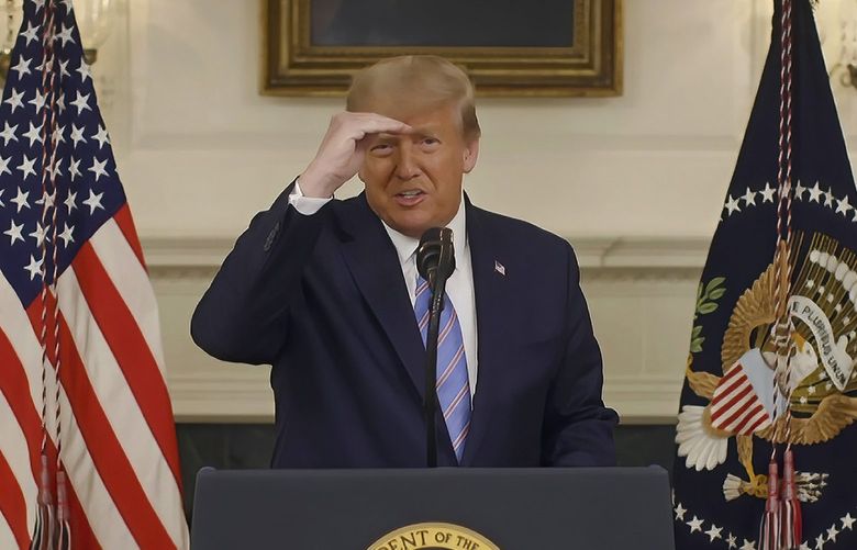 This exhibit from video released by the House Select Committee, shows President Donald Trump recording a video statement at the White House on Jan. 7, 2021, that was played at a hearing by the House select committee investigating the Jan. 6 attack on the U.S. Capitol, Thursday, July 21, 2022, on Capitol Hill in Washington. (House Select Committee via AP) DCJE617 DCJE617
