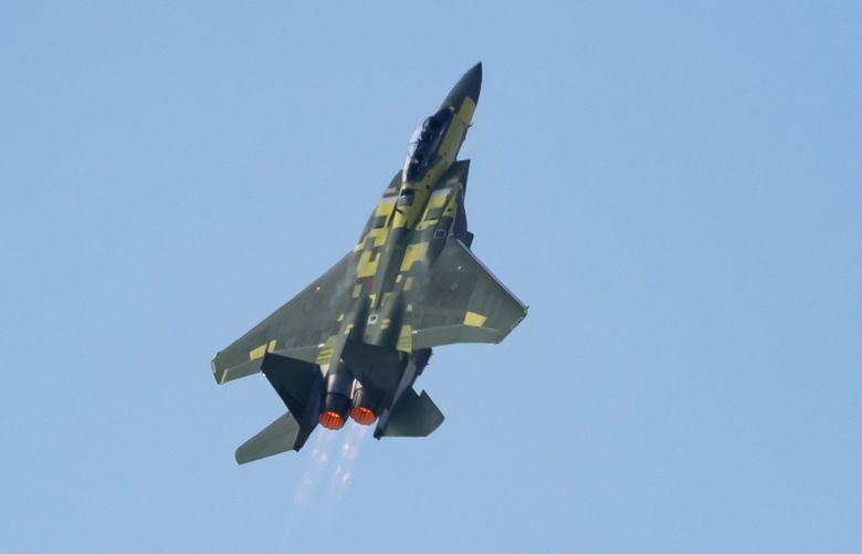 The updated F15-EX takes its first test flight on Feb.2, 2021, over St. Louis. (Boeing/TNS)