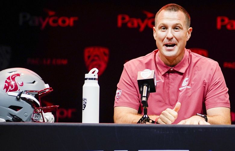 Washington State head coach Jake Dickert speaks during Pac-12 Conference men’s NCAA college football media day Friday, July 29, 2022, in Los Angeles. (AP Photo/Damian Dovarganes) CADD549