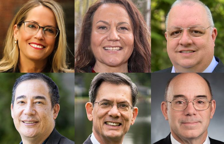 Candidates vying for Washington secretary of state. Top row, from left: Julie Anderson, Tamborine Borrelli, and Bob Hagglund. Bottom row, from left: Steve Hobbs, Mark Miloscia, and Keith Wagoner. Not pictured is Kurtis Engle and Marquez Tiggs. (Courtesy of the campaigns)