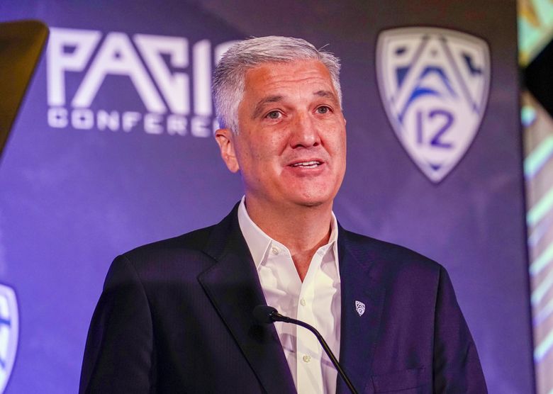 Pac-12 Commissioner George Kliavkoff speaks during the Pac-12 Conference NCAA college football media day Tuesday, July 27, 2021, in Los Angeles. (AP Photo/Marcio Jose Sanchez) 