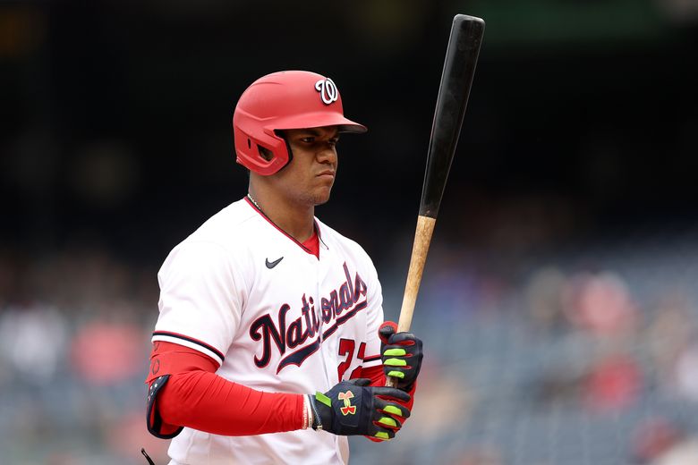 Juan Soto of the Washington Nationals bats against the New York Mets in the ninth inning at Nationals Park on May 12, 2022 in Washington, D.C.. (Rob Carr/Getty Images North America/TNS)