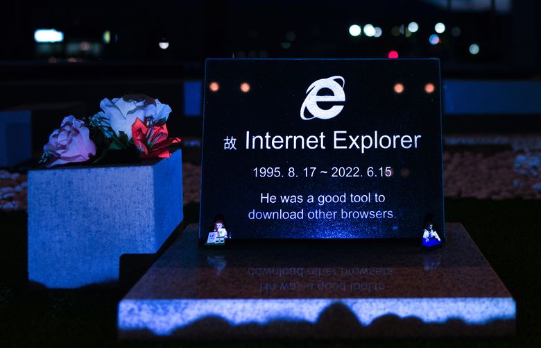 A tombstone in Gyeongju, South Korea marks the final days of Internet Explorer on June 30, 2022. Microsoft shut down the web browser in June, but it is still needed for a small number of critical banking and government-related tasks in South Korea. (Chang W. Lee/The New York Times)