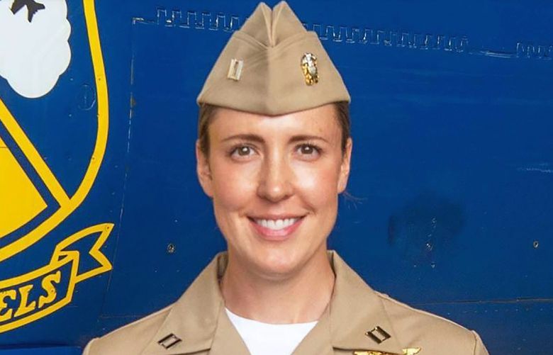 In this photo released by Defense Visual Information Distribution Service, Lt. Amanda Lee is shown. The U.S. Navy’s Blue Angels flying squadron have named a woman as a demonstration pilot for the first time. Lt. Amanda Lee, of Mounds View, Minnesota, was announced Monday, July 18, 2022, as a pilot assigned to the the â€œGladiatorsâ€ of Strike Fighter Squadron 106.  She is a 2013 graduate of Old Dominion University, the Blue Angels said in a Facebook post announcing its 2023 officer selections. (CPO Paul Archer/DVIDS U.S. Navy via AP) NY151 NY151