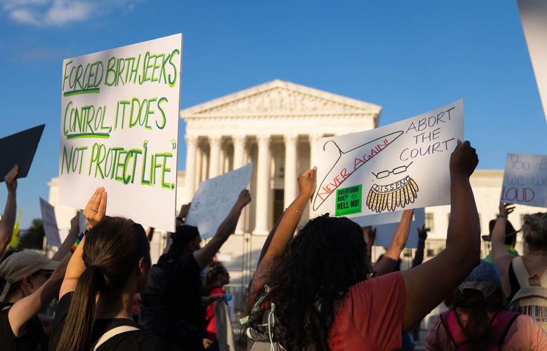Abortion rights demonstrators outside of the Supreme Court in Washington on June 25, 2022. , the day after the court overturned Roe v. Wade. A poll revealed that a sizable majority of women in the United States, 67 percent, opposed the Supreme Court’s decision to overturn Roe. (Haiyun Jiang/The New York Times) .