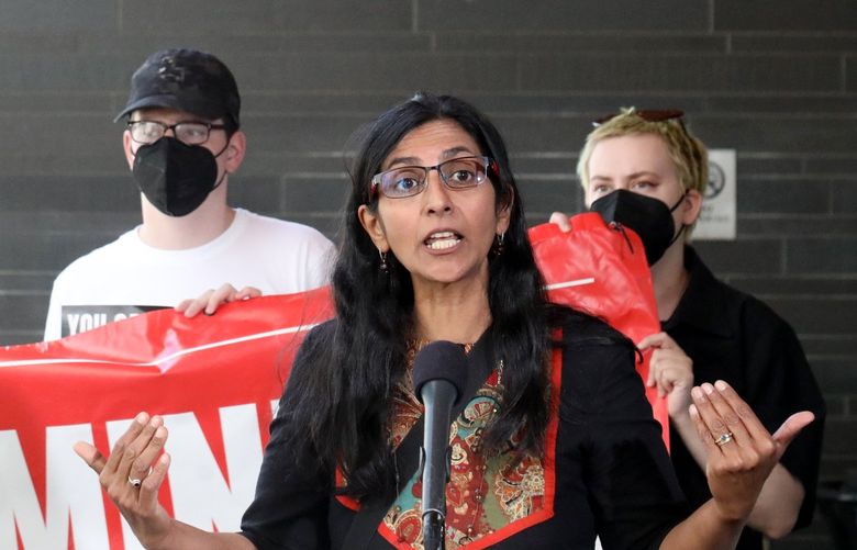 At  a noontime press conference, Friday, June 24, 2022, outside Seattle City Hall, Councilmember Kshama Sawant (District 3, Central Seattle), spoke to the media about her plans to introduce legislation in response to Friday’s US Supreme Court decision overturning Roe vs Wade. Sawant  said she will introduce abortion rights sanctuary city legislatiion, and ureged the Washington Staate Legislature to also act. 220800