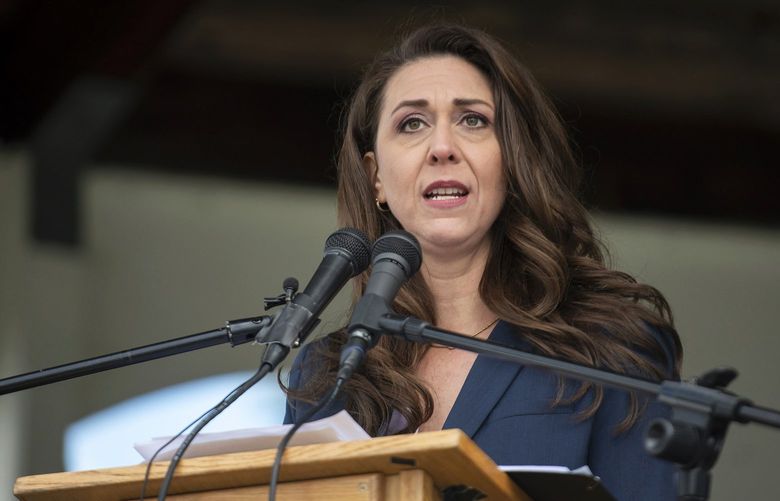 U.S. Rep. Jaime Herrera Beutler, R-Wash., speaks at a Memorial Day observance event on May 30, 2022, in Vancouver, Wash. As one of two Republican members of Congress from Washington state to have voted to impeach former President Donald Trump, Beutler is facing one of her toughest primaries since she was first elected to represent the southwest region of the state in 2010. (Taylor Balkom/The Columbian via AP) WAVAN501 WAVAN501