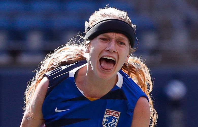 Lumen Field – OL Reign vs. Portland Thorns- 071022
OL Reign forward Bethany Balcer celebrates her late equalizer goal during the second half, Sunday, July 10, 2022, in Seattle, Wash. 220929