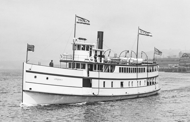THEN1: Backed by a working Seattle waterfront, the Virginia V takes its first voyage on June 11, 1922. Credit: Puget Sound Maritime Historical Society, Williamson Collection