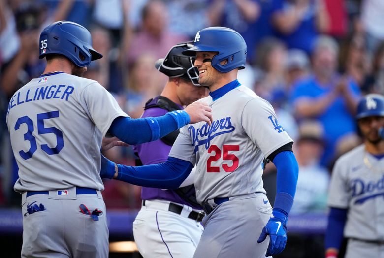 Los Angeles Dodgers center fielder Trayce Thompson looks on during