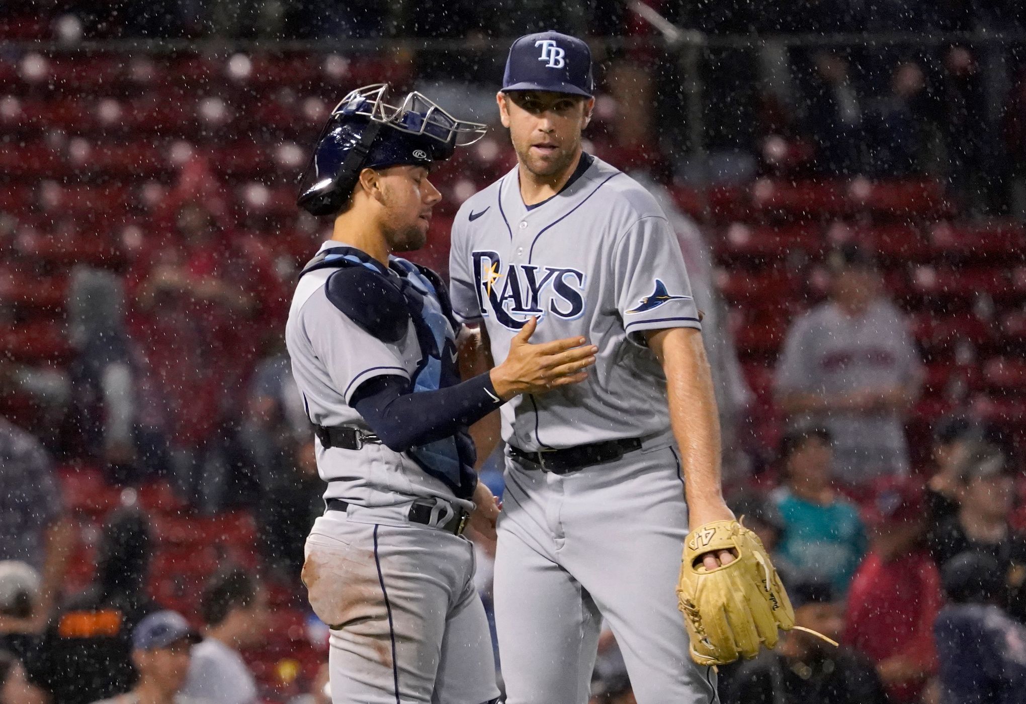 Tampa Bay Rays pitcher Jason Adam, left, and catcher Christian