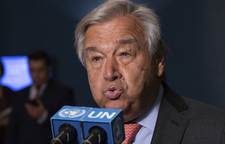 United Nations Secretary-General Antonio Guterres makes remarks before the 2022 Nuclear Non-Proliferation Treaty (NPT) review conference in the United Nations General Assembly, Monday, Aug. 1, 2022. (AP Photo/Yuki Iwamura) NYYI101 NYYI101