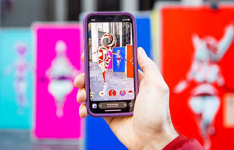 #GLITCHGODDESS by Marjan Modhaddam, an AR work seen here as part of the Vancouver Mural Festival 2022. #GLITCHGODDESS can be viewed on cell phones as part of AUGMENT.
