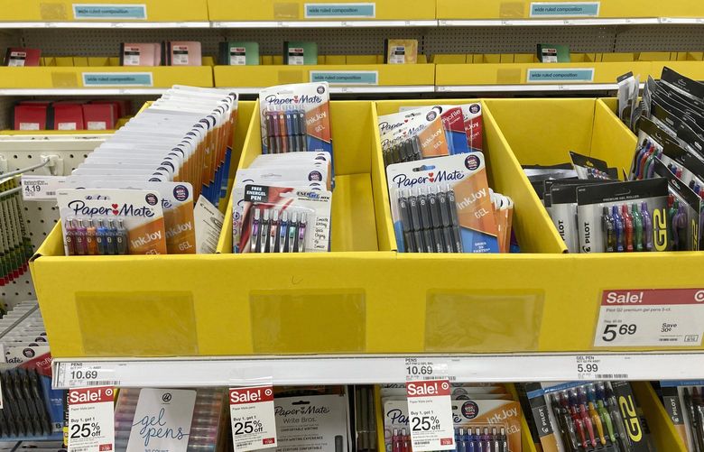 Back to school and office supplies are on sale at a Target store, Wednesday, July 27, 2022, in North Miami, Fla.  Back-to-school shopping is extra expensive this year, due to inflation. But coordinating with people in your community can help you save money.  (AP Photo/Marta Lavandier) NYBZ301 NYBZ301