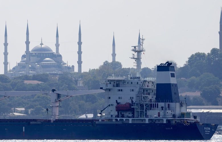 The cargo ship Razoni crosses the Bosphorus Strait in Istanbul, Turkey, Wednesday, Aug. 3, 2022. The first cargo ship to leave Ukraine since the Russian invasion was anchored at an inspection area in the Black Sea off the coast of Istanbul Wednesday morning, awaiting an inspection, before moving on to Lebanon. (AP Photo/Khalil Hamra) KH210 KH210
