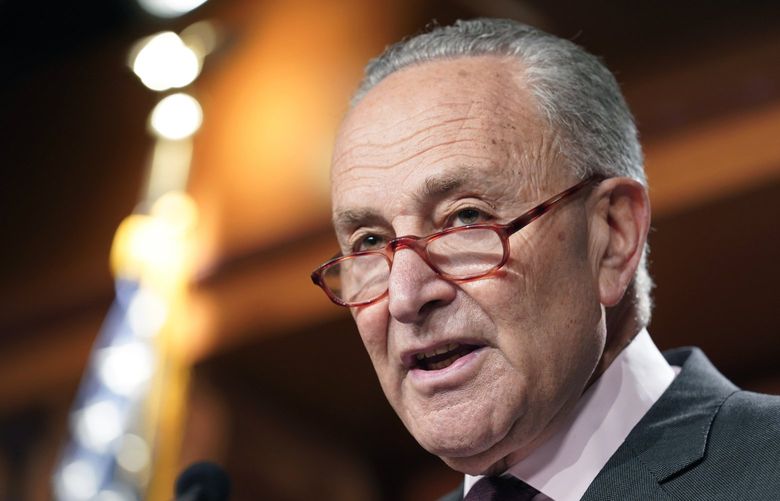 FILE – Senate Majority Leader Chuck Schumer of N.Y., speaks during a news conference Friday, Aug. 5, 2022, at the Capitol Hill in Washington. The Senate parliamentarian narrowed Democrats’ plan for curbing drug prices but left it largely unscathed Saturday, Democrats said, as party leaders prepared to start moving their sprawling economic bill through the chamber. (AP Photo/Mariam Zuhaib, File) WX114 WX114