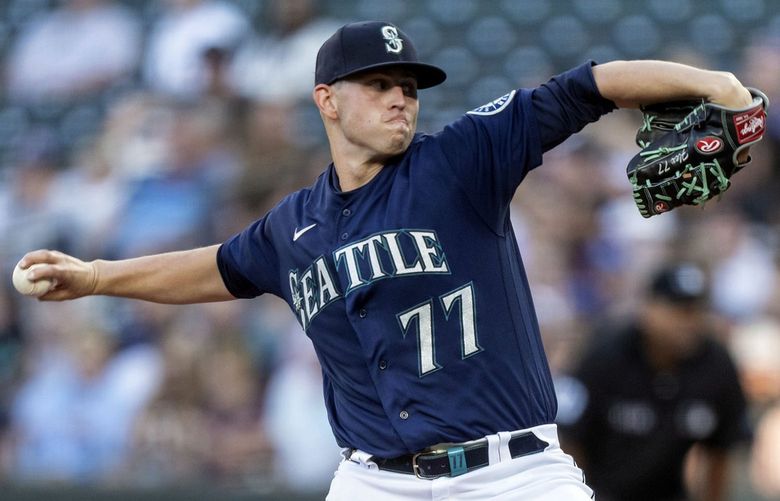 Seattle Mariners starter Chris Flexen delivers a pitch during the first inning of the second game of a baseball doubleheader against the Los Angeles Angels, Saturday, Aug. 6, 2022, in Seattle. (AP Photo/Stephen Brashear) WASB101 WASB101