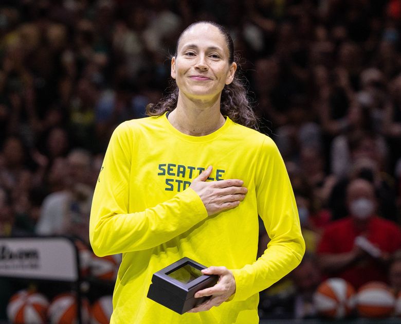 Sue Bird becomes emotional with the ovation the Climate Pledge Arena crowd gives her at a ceremony marking here pending retirement before Sunday’s game.

The Las Vegas Aces played the Seattle Storm in WNBA Basketball Sunday, August 7, 2022 at Climate Pledge Arena, in Seattle, WA. 221190 (Dean Rutz / The Seattle Times)
