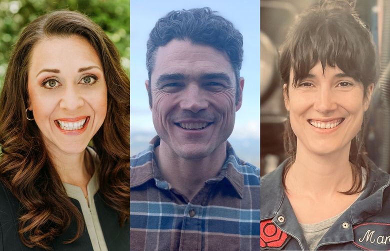 From left, Jaime Herrera Beutler, Joe Kent and Marie Gluesenkamp Perez. The three candidates are vying for Washington’s 3rd Congressional District seat. (Courtesy of the campaigns)