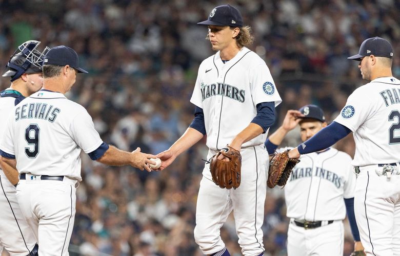 Logan Gilbert goes out of the game in the fifth having retired no one, giving up 10 hits, 6 runs, and having thrown 90 pitches.

The New York Yankees played the Seattle Mariners in Major League Baseball Monday, August 8, 2022 at T-Mobile Park, in Seattle, WA. 221219