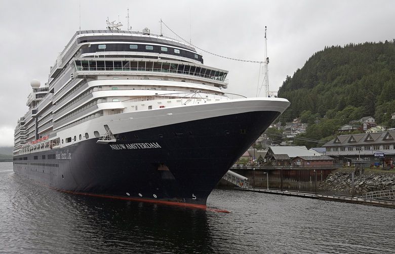 The Holland America Line cruise ship Nieuw Amsterdam is docked on Thursday, Aug. 5, 2021, at Berth 4 in Ketchikan, Alaska. Holland America confirmed Thursday that five passengers from the Nieuw Amsterdam were aboard a float plane that crashed Thursday morning during a tour of the Misty Fjords National Monument. There were no survivors, according to the U.S. Coast Guard. The de Havilland Beaver aircraft was owned by Southeast Aviation LLC. (Dustin Safranek/Ketchikan Daily News via AP) AKKET602 AKKET602