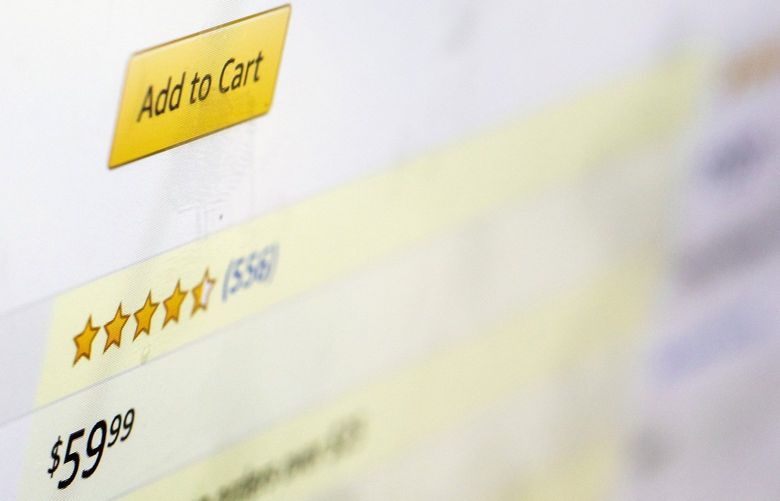 A customer rating for a product for sale on Amazon.com is displayed on a computer screen on Monday, Dec. 16, 2019, in New York. Online reviews at major retailers such as Amazon and Walmart and listing services such as Yelp look like a good place to get first-hand information from people who’ve tried a product or merchant. NYJK106