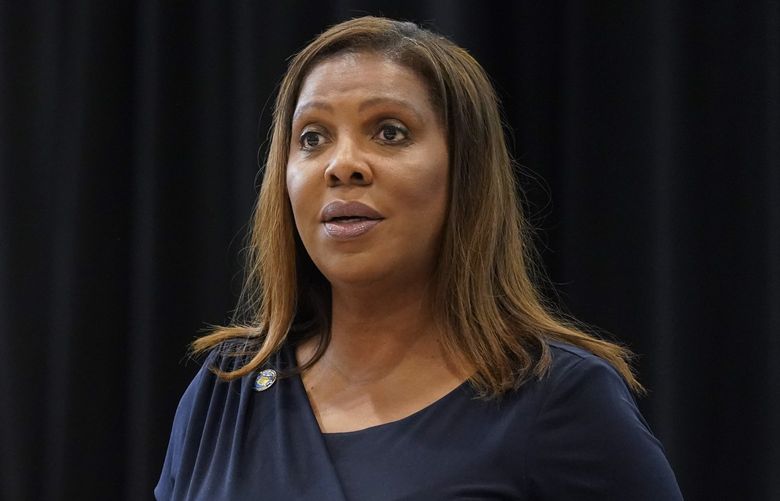 FILE – New York Attorney General Letitia James speaks during a ceremony where Gov. Kathy Hochul signed a package of bills to strengthen gun laws June 6, 2022, in New York. James is conducting a civil investigation into allegations that the former president’s company, the Trump Organization, misled banks and tax authorities about the value of assets like golf courses and skyscrapers to get loans and tax benefits. (AP Photo/Mary Altaffer, File) WX407 WX407