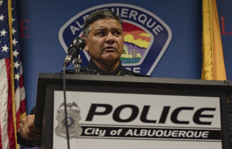 Albuquerque Police Chief Harold Medina speaks during a press conference at the Albuquerque Police Department in Albuquerque, N.M., on Tuesday, Aug. 9, 2022. The police said Muhammad Syed, 51, would be charged in two of the four killings of Muslim men in the city since November and that he was a suspect in the other two deaths. (Adria Malcolm/The New York Times) XNYT211 XNYT211