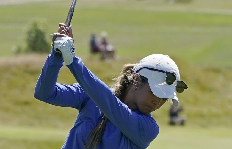 Brianna Navarrosa tees off on the 17th hole, Thursday, Aug. 11, 2022, during the round of 32 of the USGA Women’s Amateur Golf Championship at Chambers Bay in University Place, Wash. Navarrosa beat Rachel Heck in the match play round. (AP Photo/Ted S. Warren) WATW135 WATW135