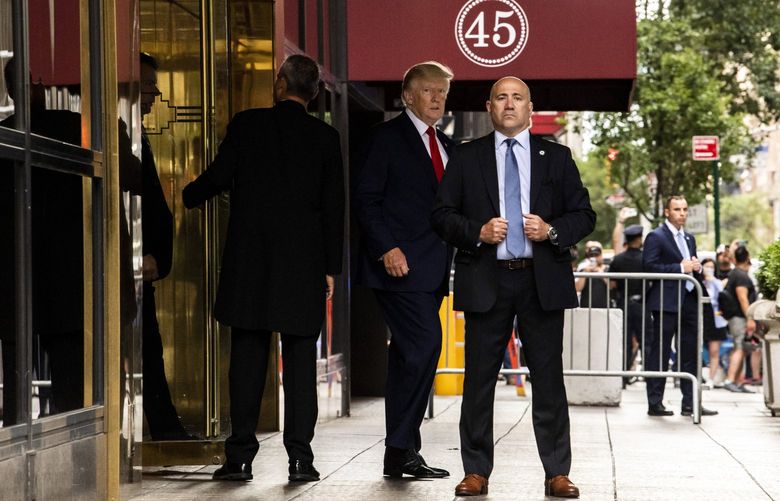 Former President Donald Trump departs Trump Tower in midtown Manhattan en route to a deposition at the office of the state attorney general on Wednesday morning, Aug. 10, 2022. Agents from the FBI executed a search warrant on Trump’s residence in Florida on Monday. (Brittainy Newman/The New York Times) XNYT71 XNYT71