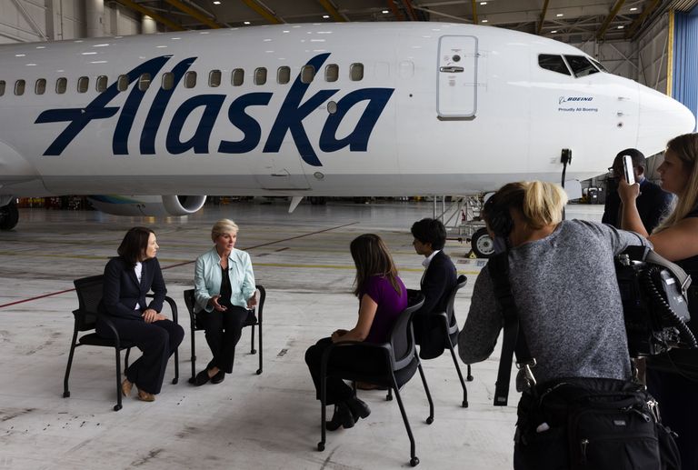 U.S. Sen. Maria Cantwell, of Washington, left, and U.S. Energy Secretary Jennifer Granholm at Sea-Tac Airport’s Alaska Airlines hangar.