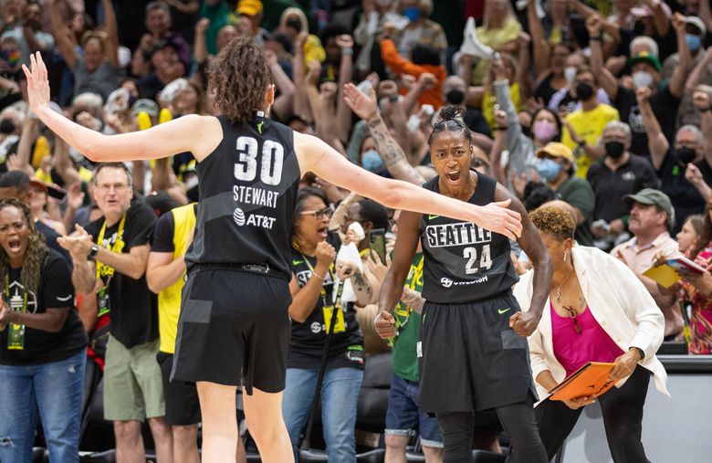 Jewell Loyd lets out a roar as the Storm get a big defensive stop to essentially take away a chance for the Mystics to win the game in the final minute of play of Game 1 of the WNBA Playoffs first round, Thursday, August 18, 2022 in Seattle. (Dean Rutz / The Seattle Times)